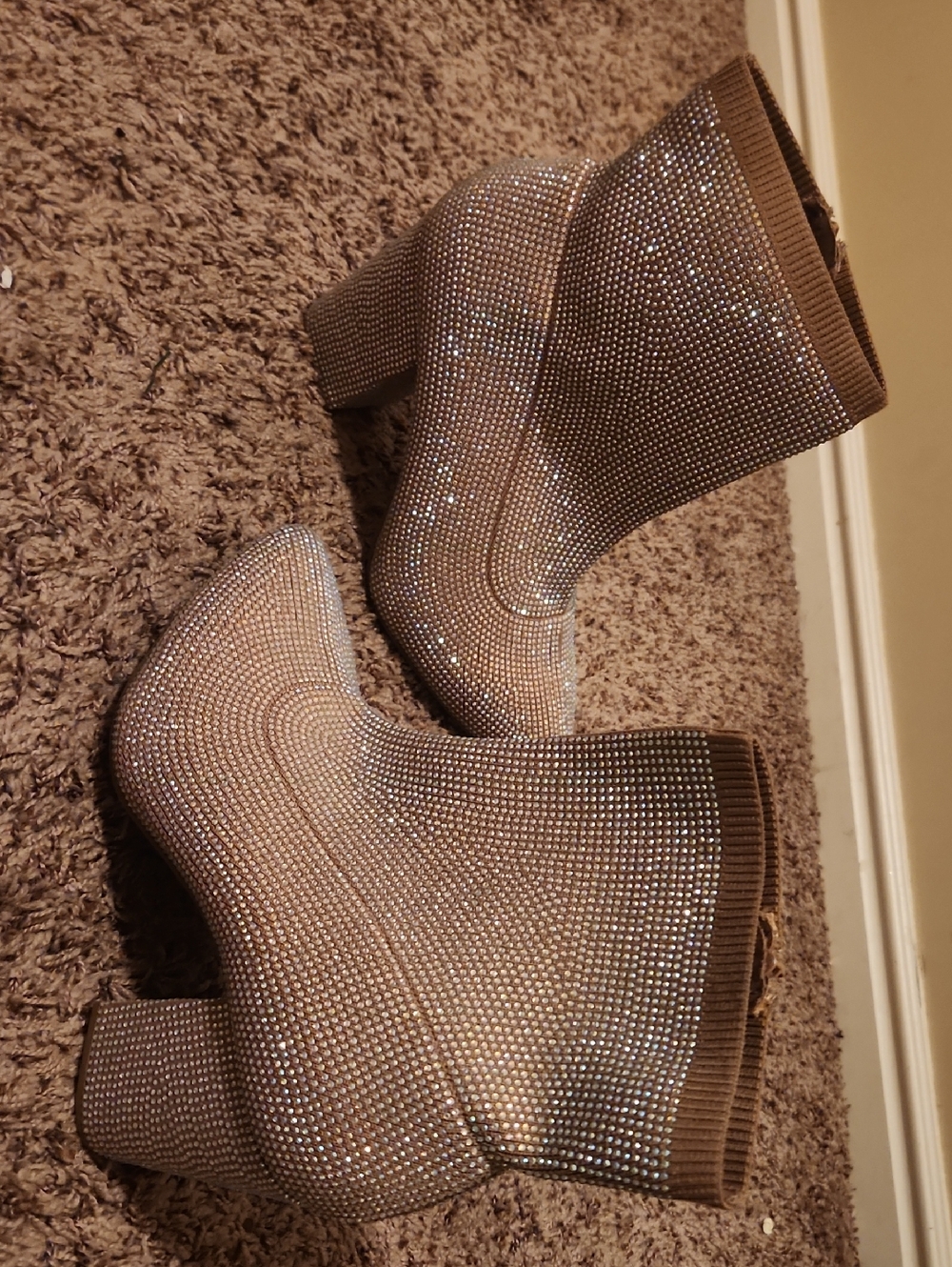 Rhinestone Taupe Stretch-Knit Platform Ankle Boots